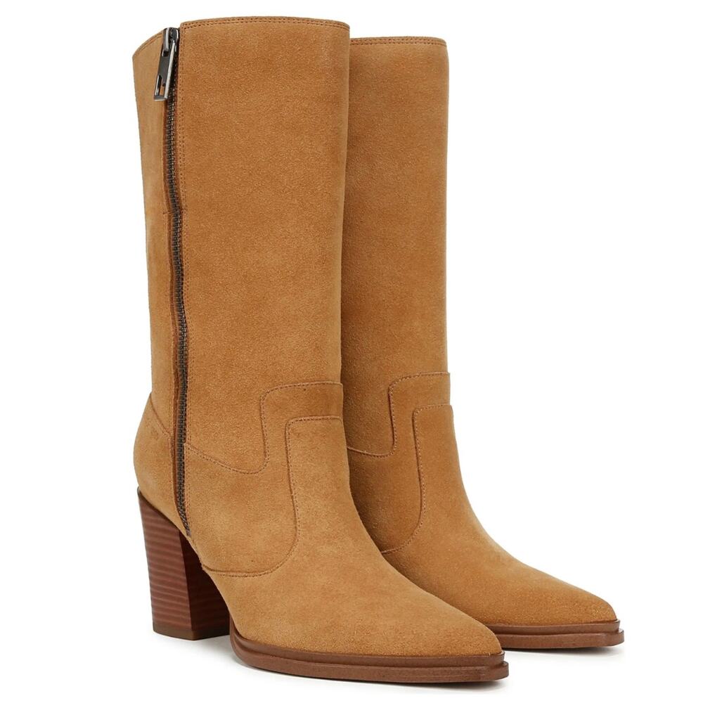 Franco Sarto Jaxon Mid-Shaft Boot Size 9 Camel/Brown Suede Block High Heel New